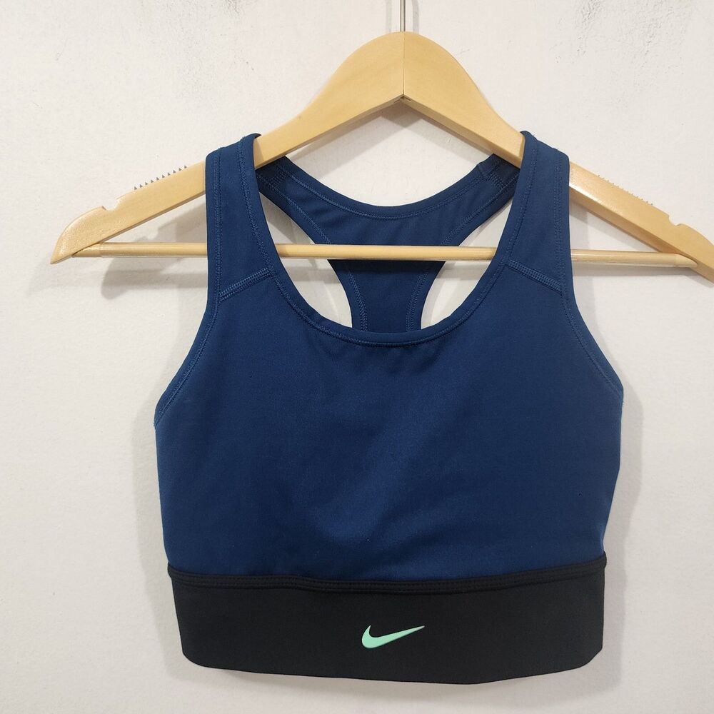 Nike Dri-FIT Swoosh Medium-Support Sports Bra Valerian Blue/Black/Mint Womens M